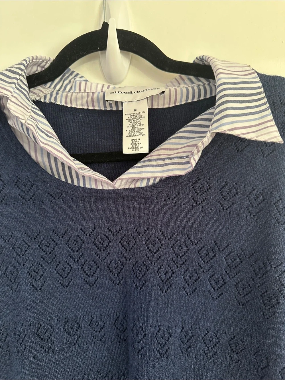 Alfred Dunner Navy Layered-Look Sweater with Striped Shirt Collar Size Medium